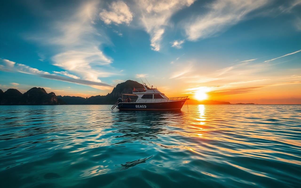 Bateau de plongée au coucher de soleil en Thaïlande